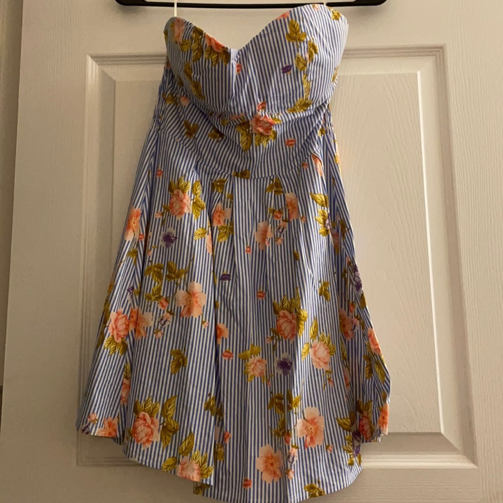 Blue and pink floral stripped strapless sundress